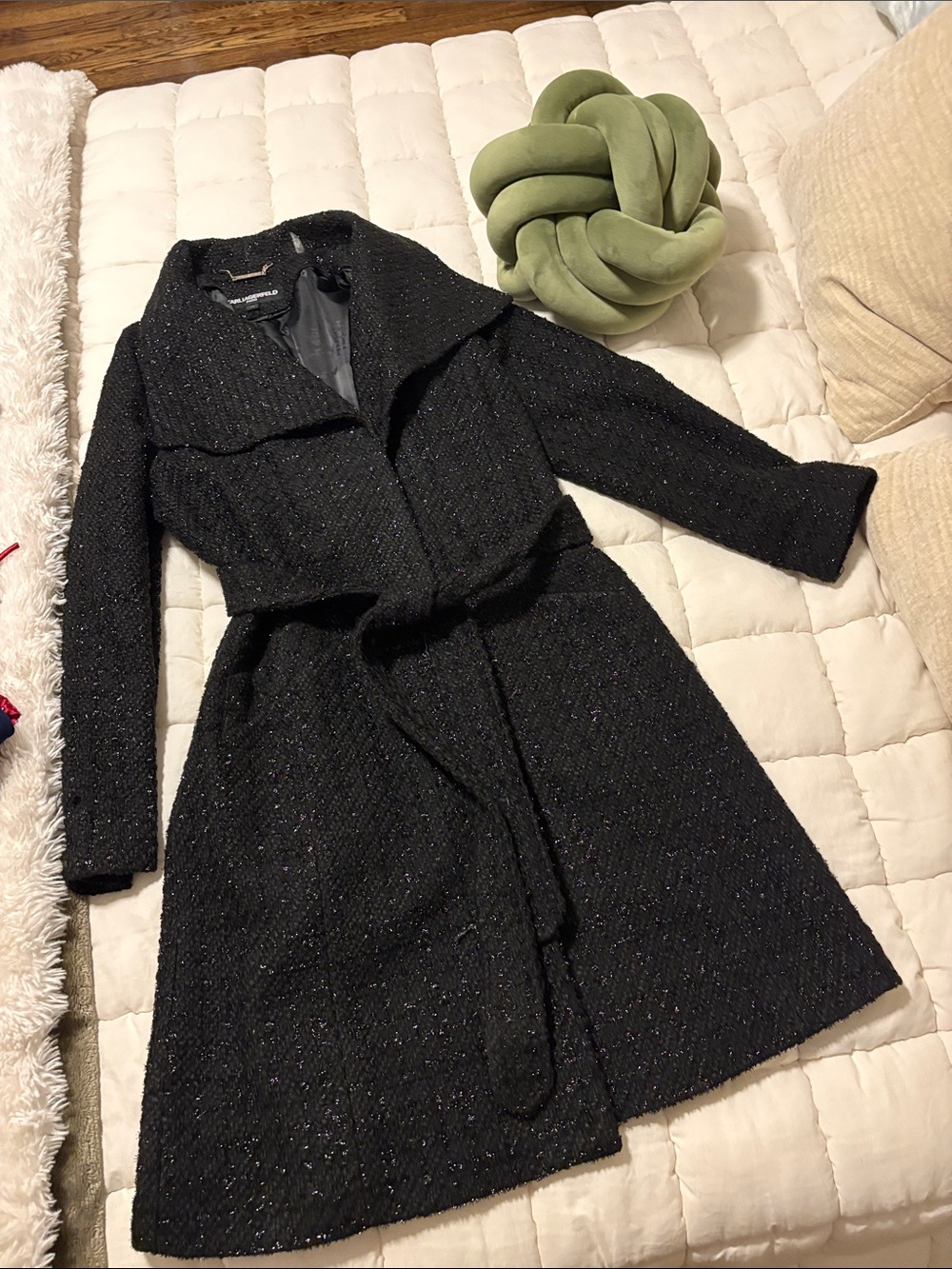 Karl Lagerfeld Black Sparkle Tweed Belted Trench Coat